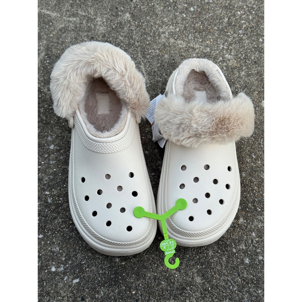 Crocs Stomp Lined Clog Bone White Faux Fur Platform Mens 11 208546-160 NEW
